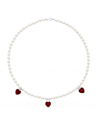 Collier Love - Perles de Culture et 3 Coeurs Rouges